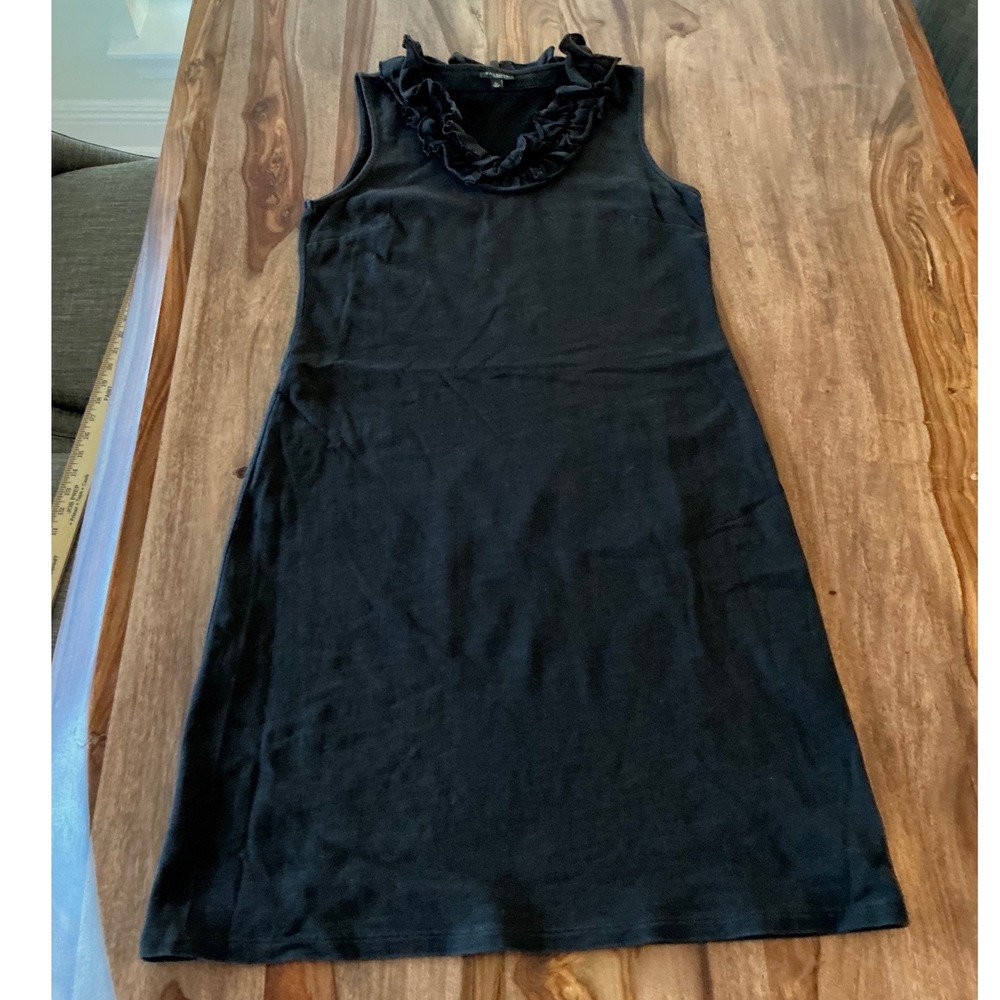 Talbots Petites Black Ruffle Neck Sleeveless Knit Shift Dress SP 100% Cotton - Picture 7 of 13
